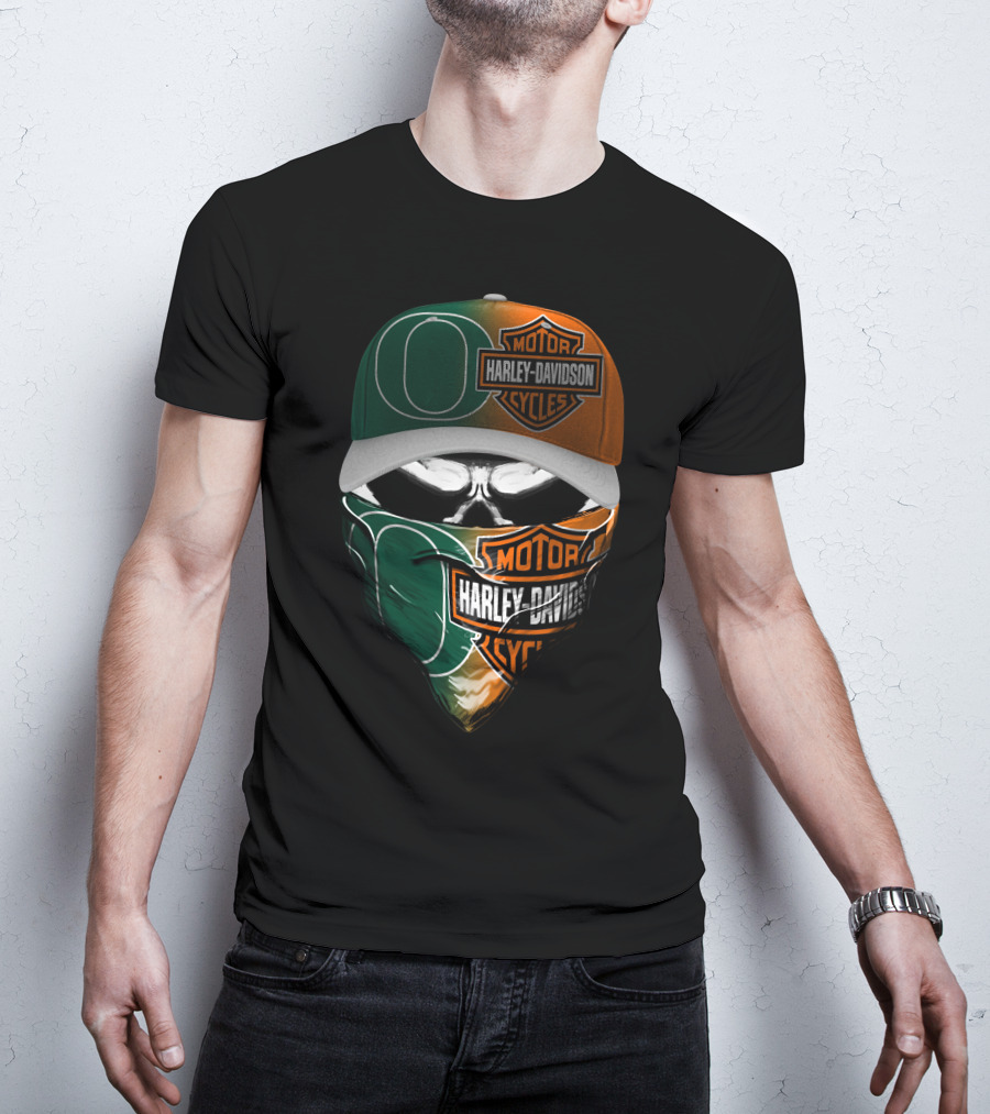 Harley Davidson Motor Cycles With Green And Orange Skull Mask Logo Mashup T-Shirt