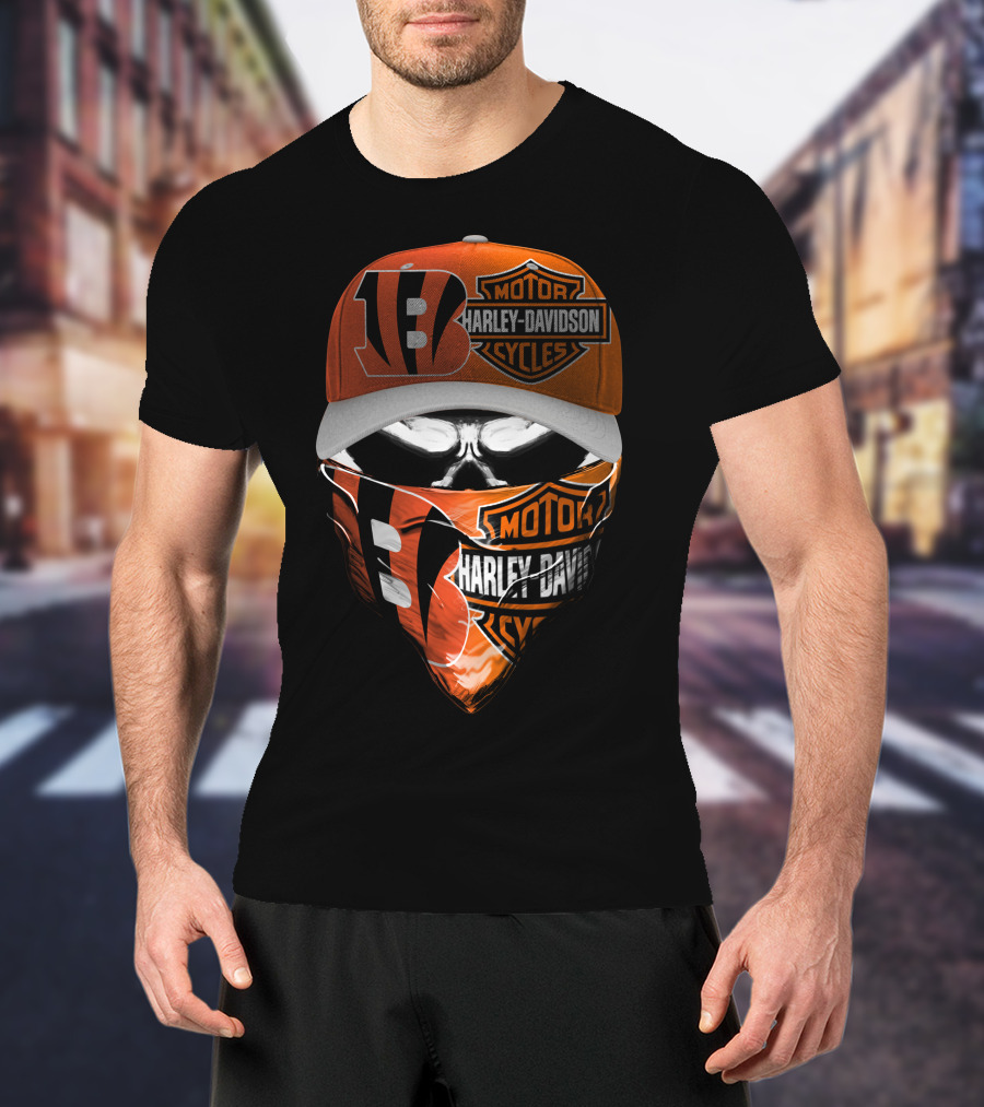 Harley Davidson Cincinnati Bengals Skull Mask Hat T-Shirt