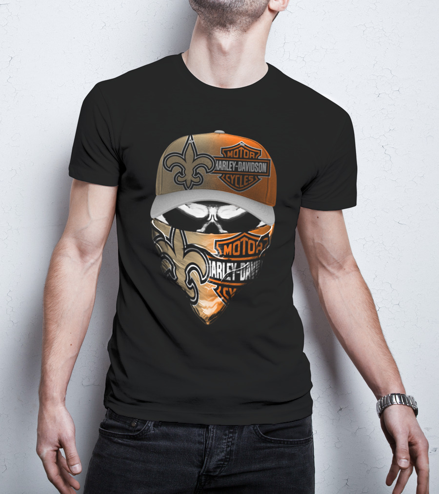 Harley Davidson New Orleans Saints Fleur-De-Lis Skull Mask Hat T-Shirt