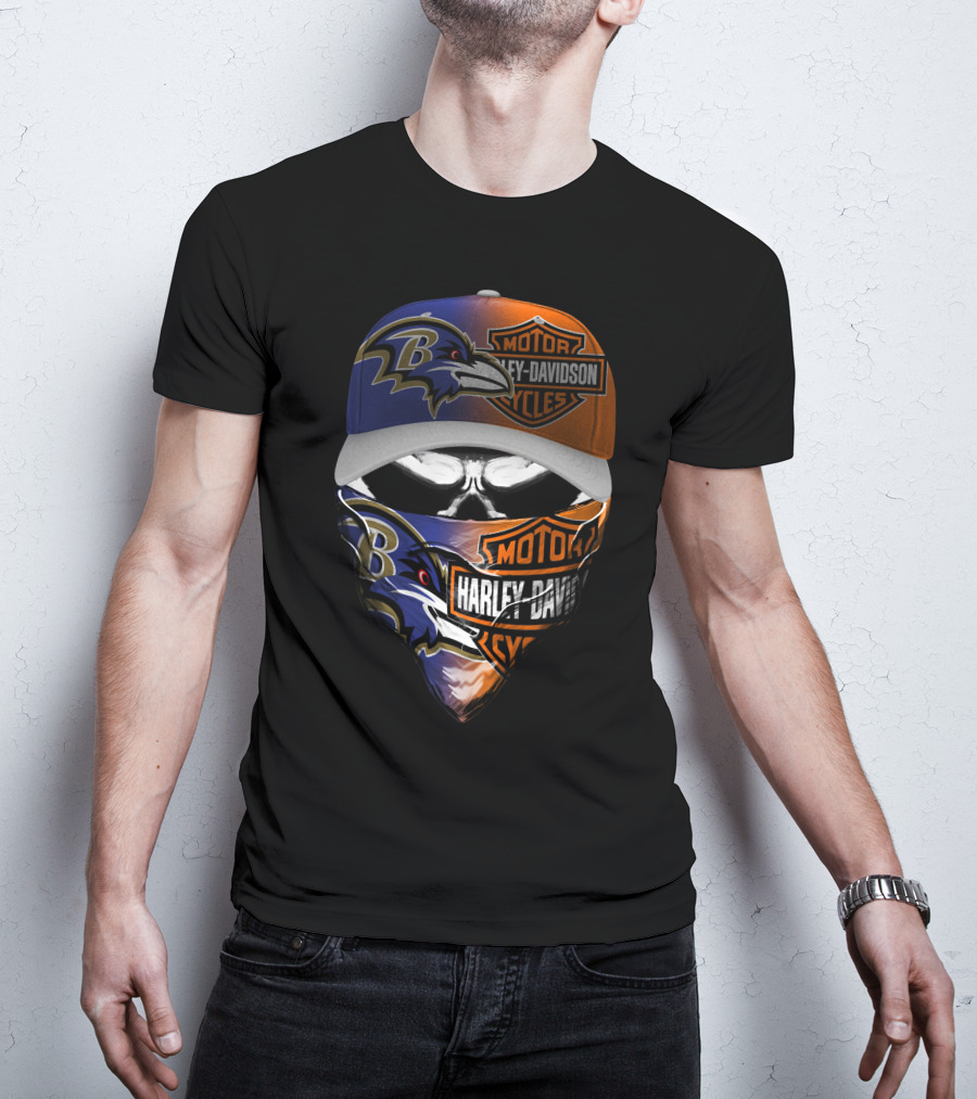 Baltimore Ravens Harley Davidson Motorcycles Skull Face Cover Hat T-Shirt