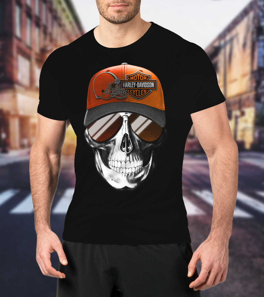 Cleveland Browns Harley Davidson Skull Sunglasses T-Shirt
