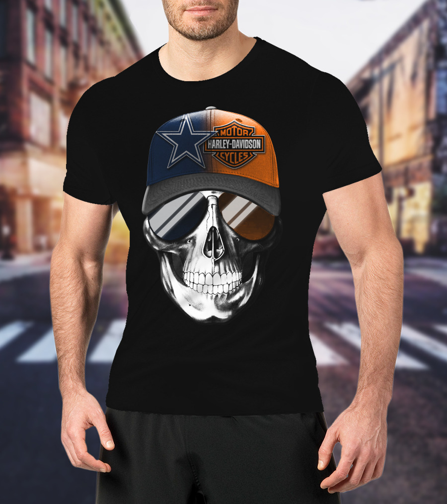 Harley Davidson Motor Cycles Dallas Cowboys Skull Hat T-Shirt