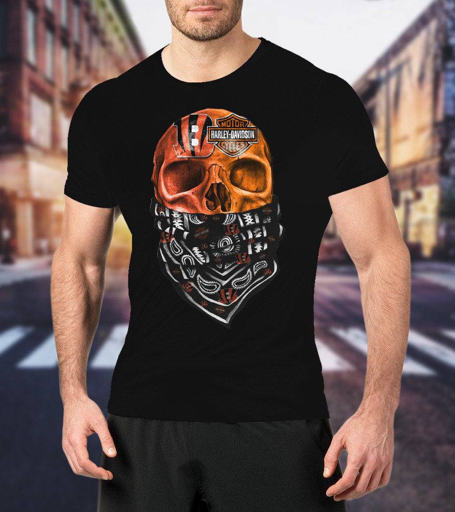 Cincinnati Bengals Harley Davidson Skull Bandana T-Shirt
