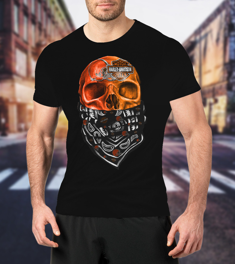 Harley Davidson Cleveland Browns Skull With Bandana T-Shirt