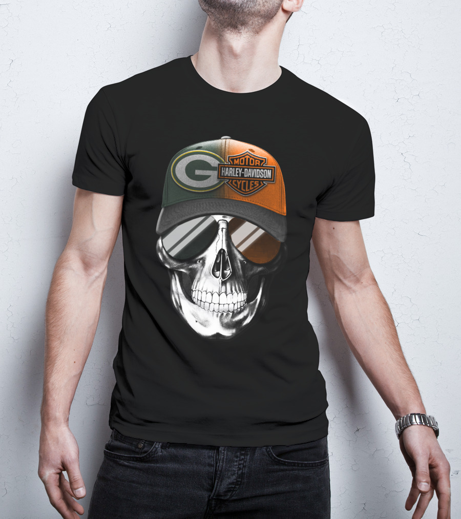 Green Bay Packers Harley Davidson Skull Cap T-Shirt