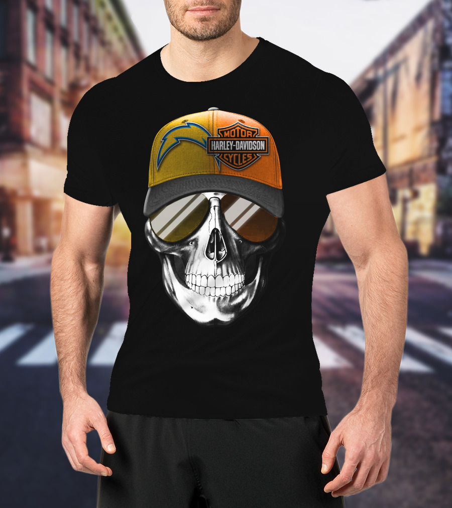 Los Angeles Chargers And Harley Davidson Motorcycle Skull Cap T-Shirt
