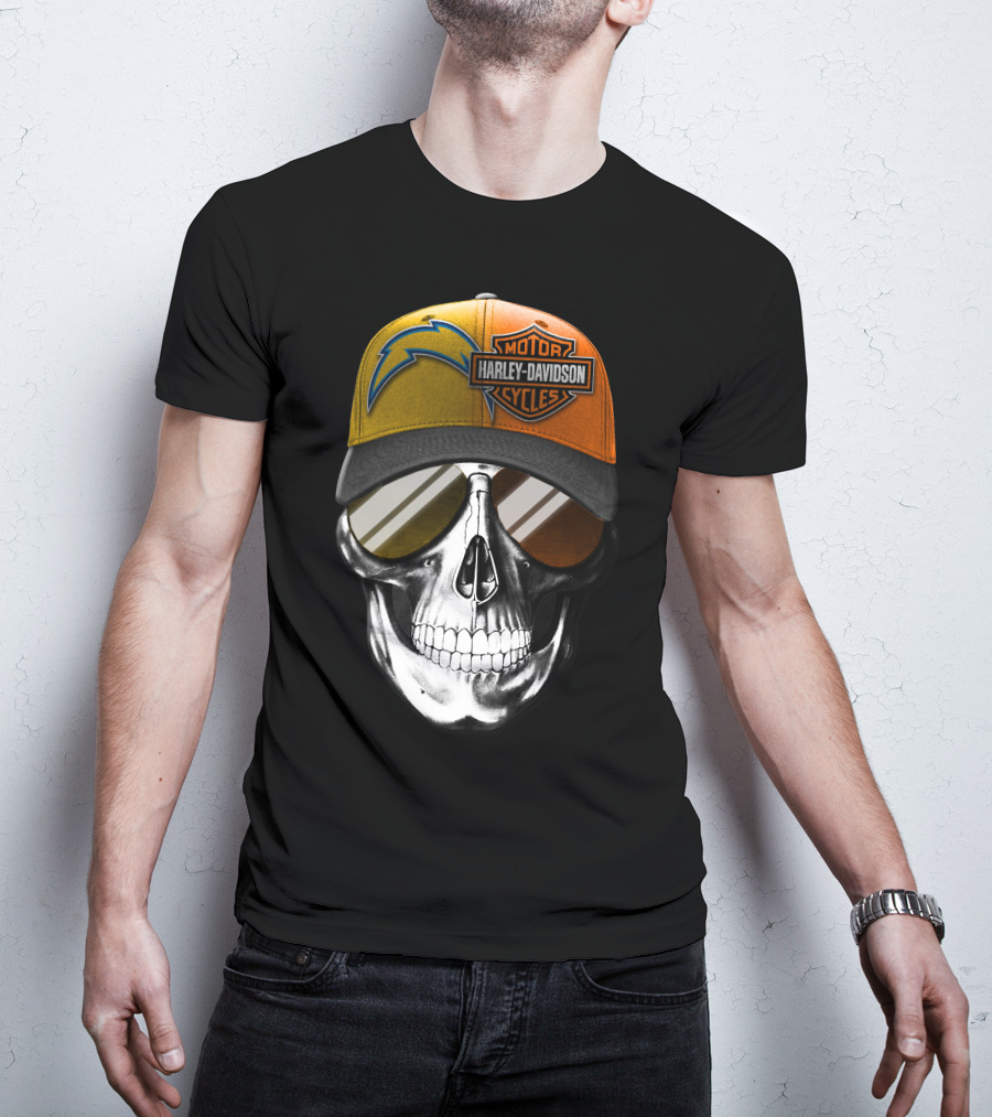 Los Angeles Chargers And Harley Davidson Motorcycle Skull Cap T-Shirt