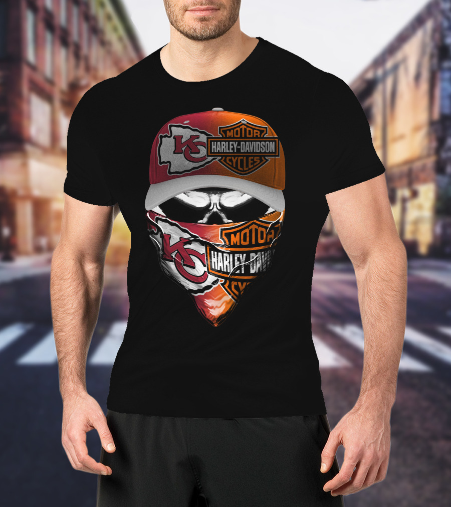 Kansas City Chiefs Harley Davidson Motorcycles Skull Mask And Cap T-Shirt