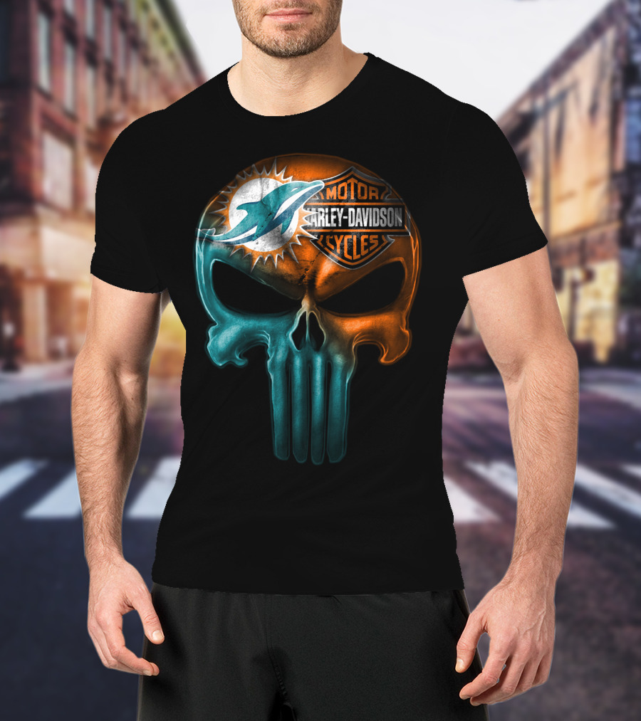 Miami Dolphins Harley Davidson Punisher Skull T-Shirt