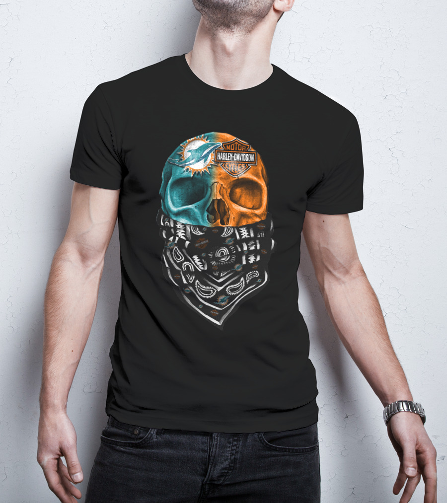 Miami Dolphins Harley Davidson Motorcycles Bandana Skull T-Shirt