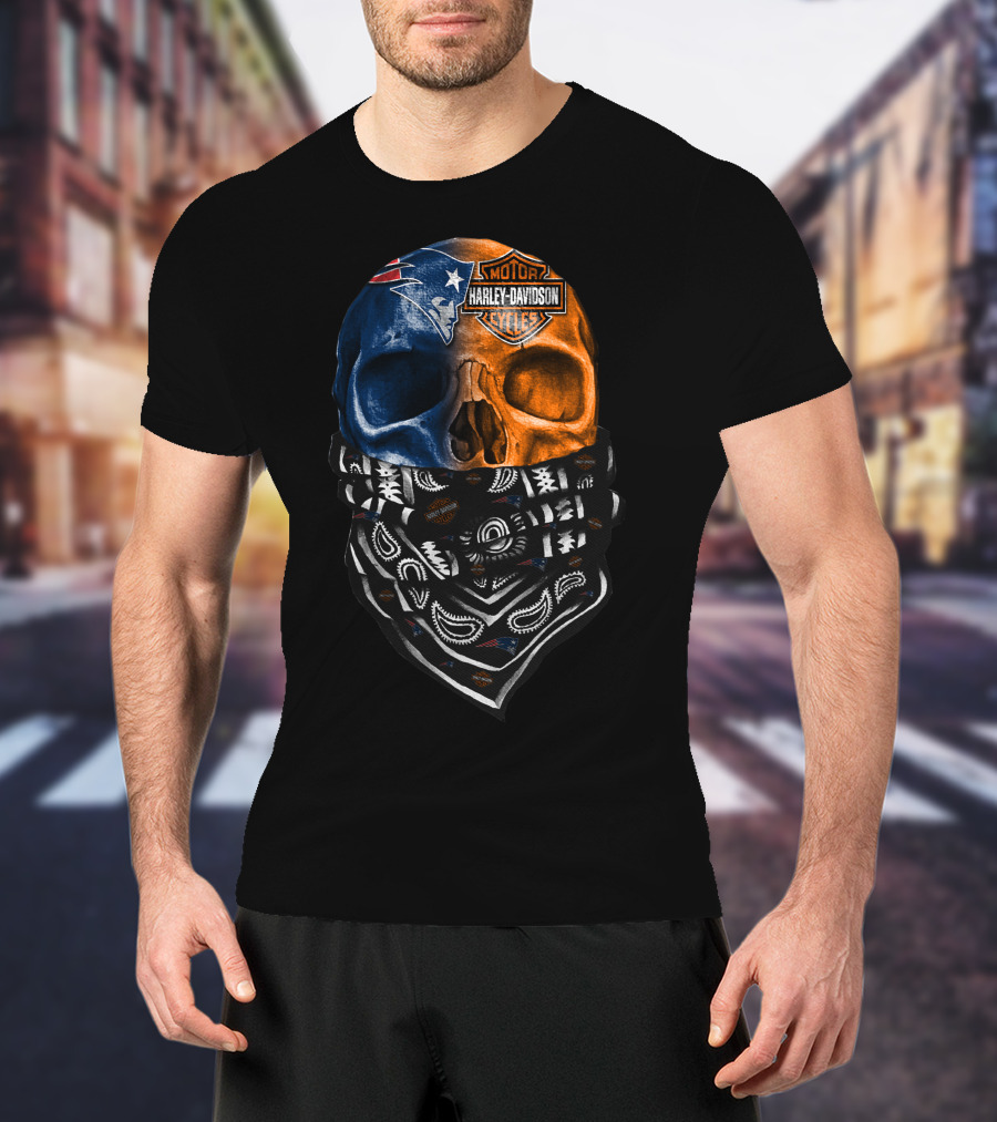 New England Patriots Harley Davidson Bandana Skull T-Shirt