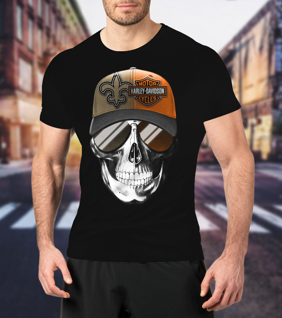 New Orleans Saints Harley Davidson Skull Hat T-Shirt