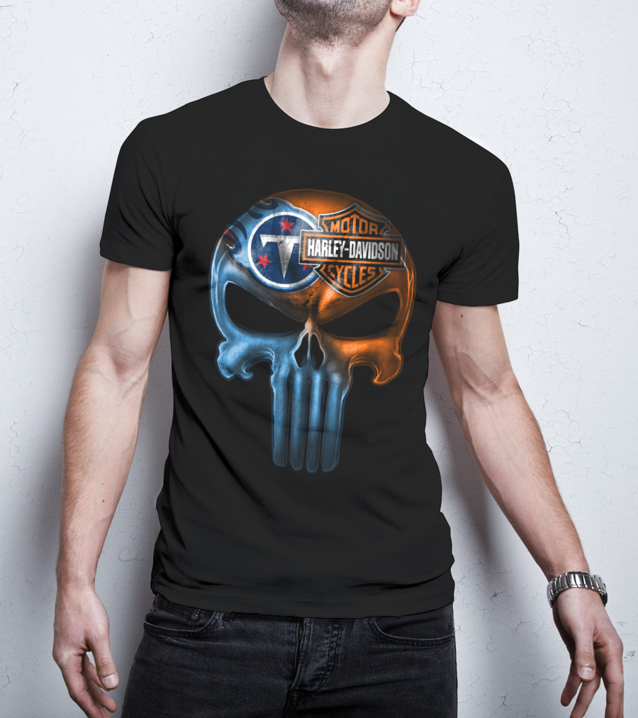 Harley Davidson Motorcycles And Tennessee Titans Logo Skull T-Shirt