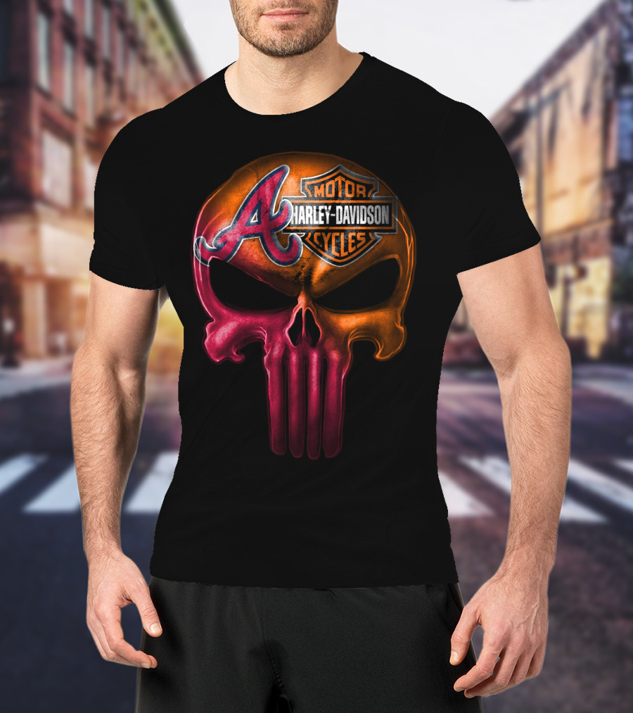 Atlanta Braves Punisher Skull Harley Davidson Motorcycles T-Shirt
