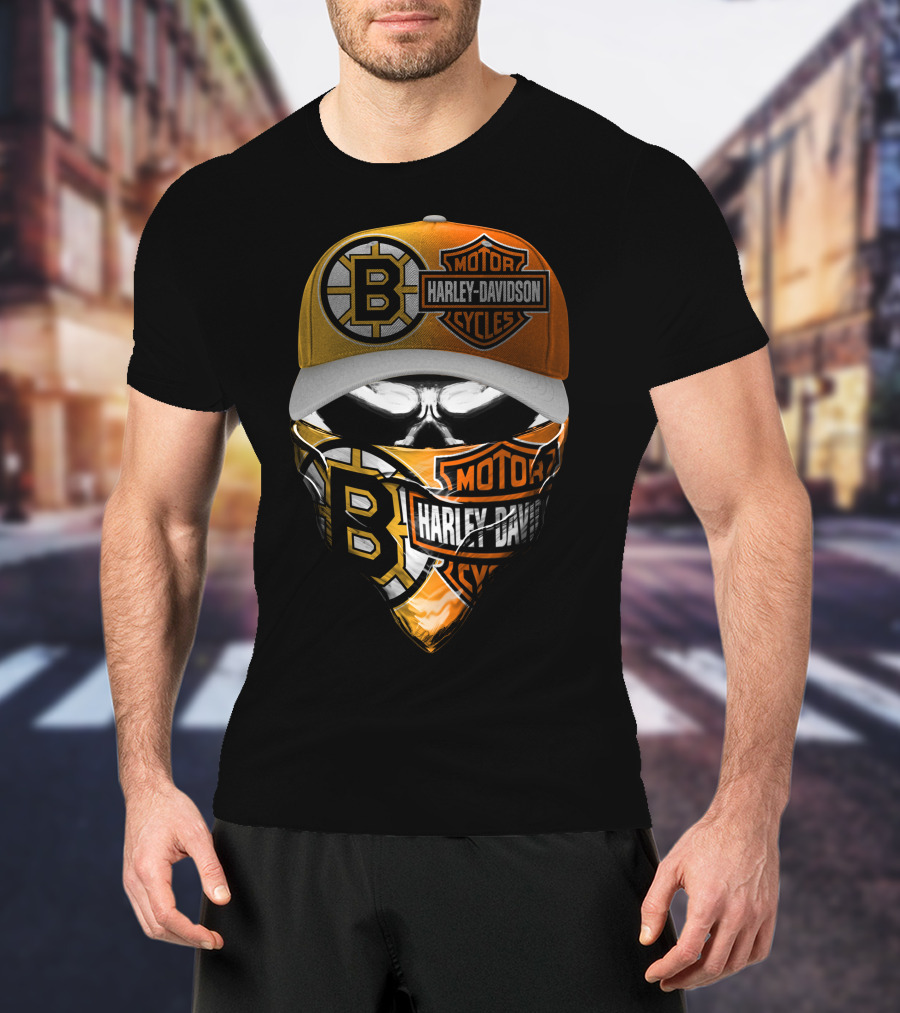 Boston Bruins Harley Davidson Motorcycles Mask And Cap T-Shirt