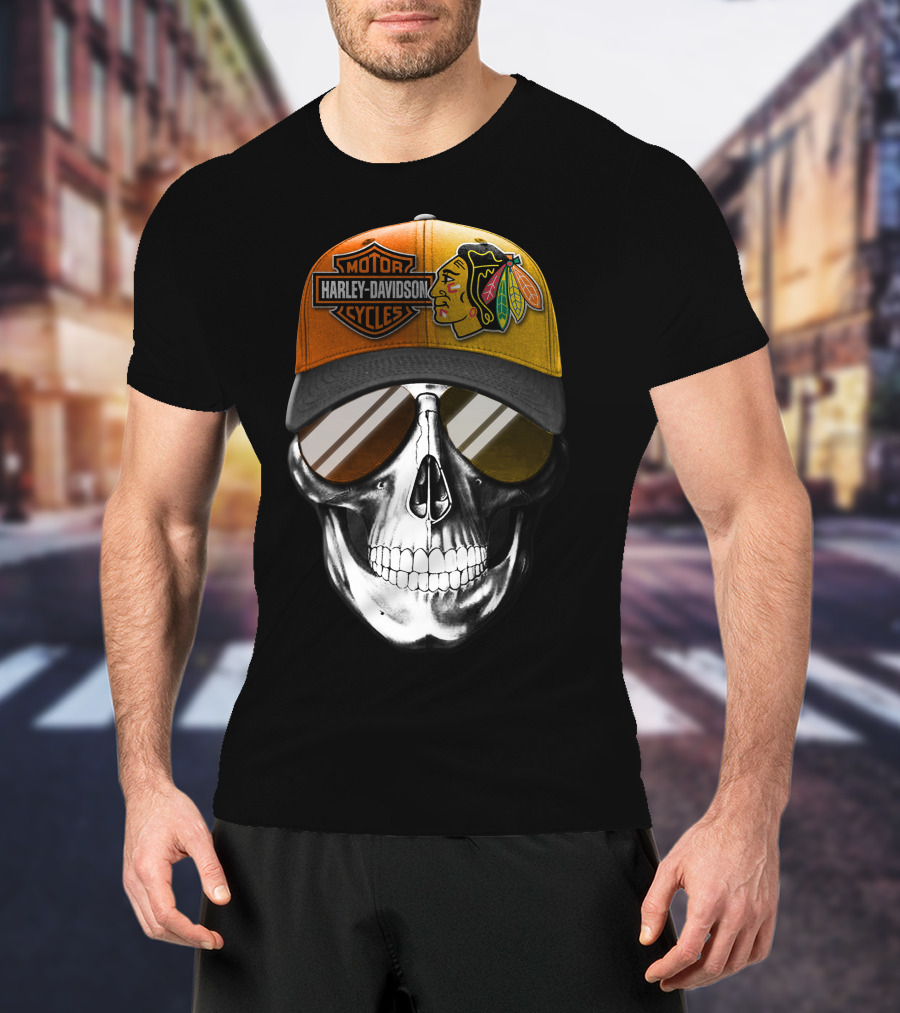 Harley Davidson Chicago Blackhawks Skull Cap T-Shirt