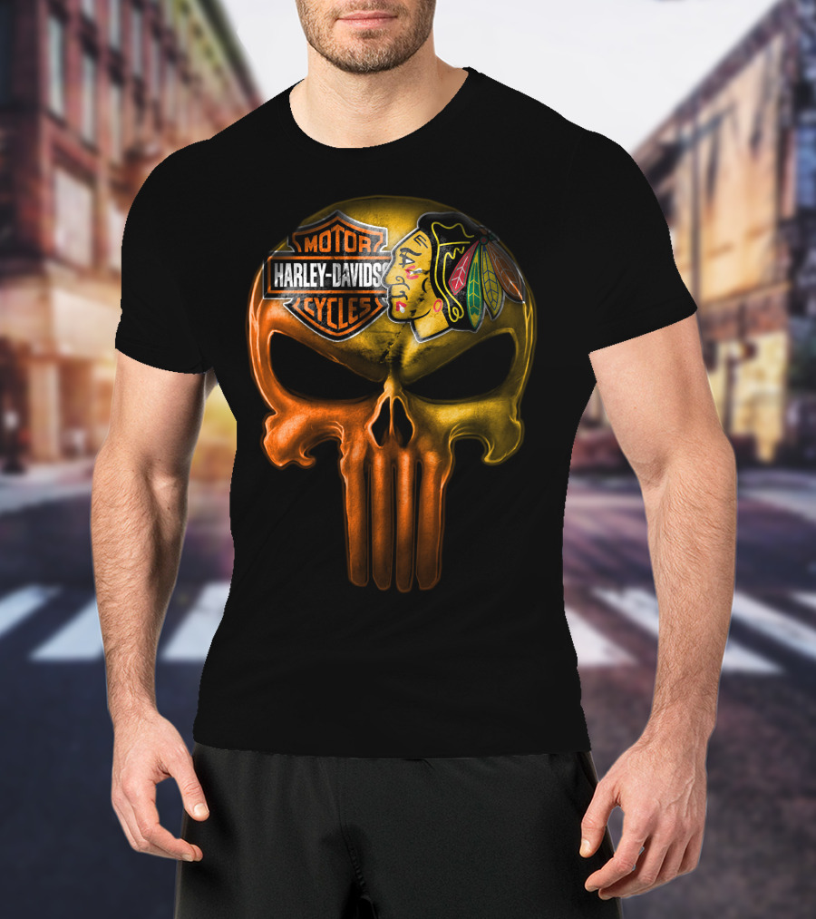 Harley Davidson Punisher Skull Chicago Blackhawks T-Shirt
