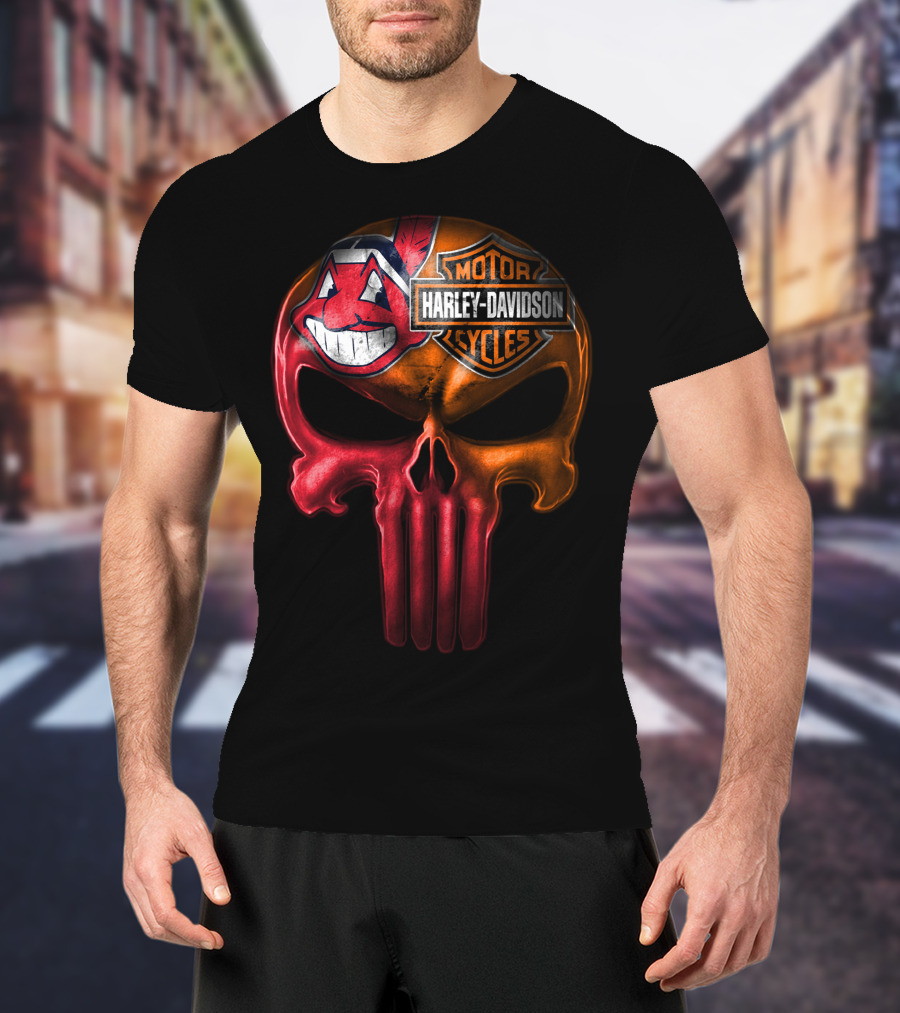 Harley Davidson Skull With Cleveland Indians Chief Wahoo Crossbones T-Shirt