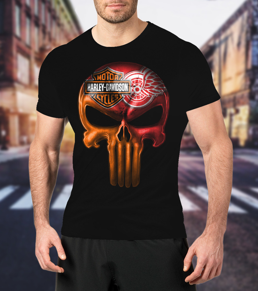 Harley Davidson Motorcycles Detroit Red Wings Punisher Skull T-Shirt
