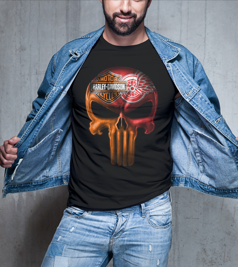 Harley Davidson Motorcycles Detroit Red Wings Punisher Skull T-Shirt