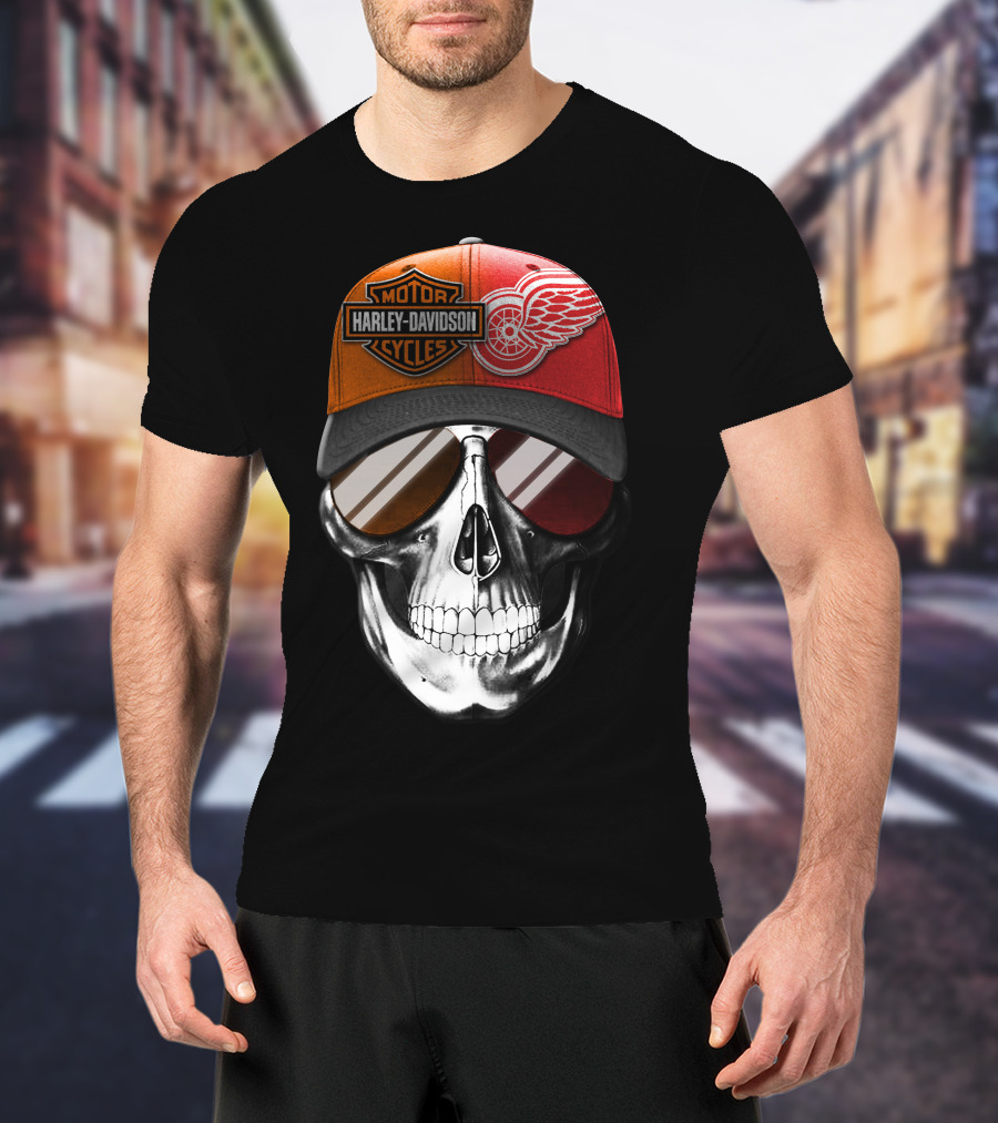 Harley Davidson Motor Cycles Red Wings Skull Cap T-Shirt
