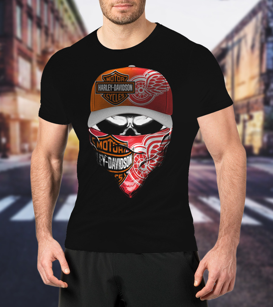 Harley Davidson Detroit Red Wings Bandana Hat Skull T-Shirt