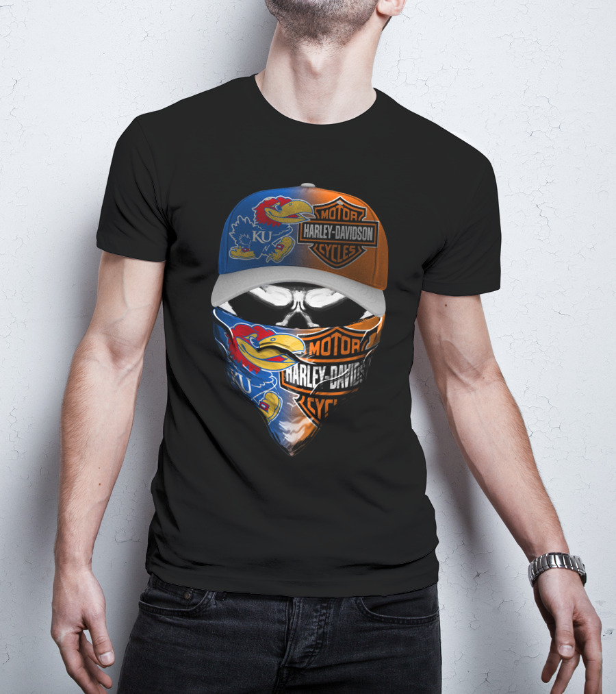 Ku Jayhawks Harley Davidson Skull Motorcycle Fan Gear T-Shirt