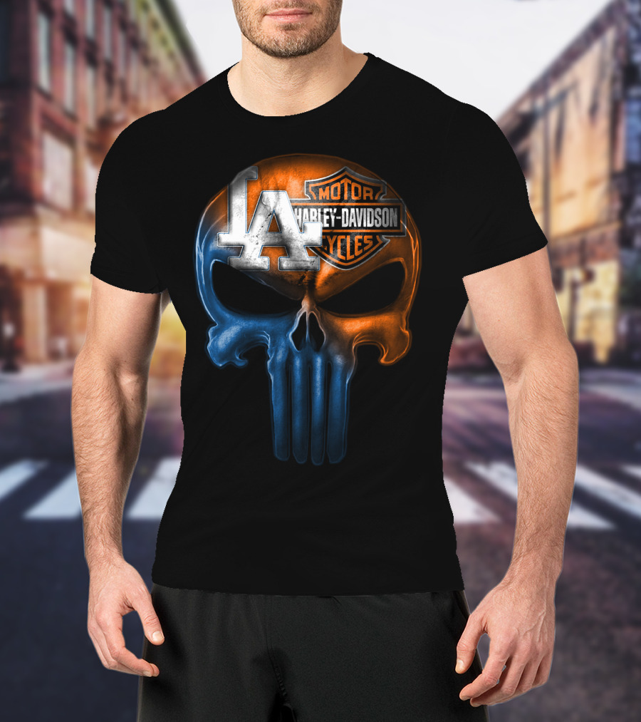 Los Angeles Dodgers Harley Davidson Biker Skull T-Shirt
