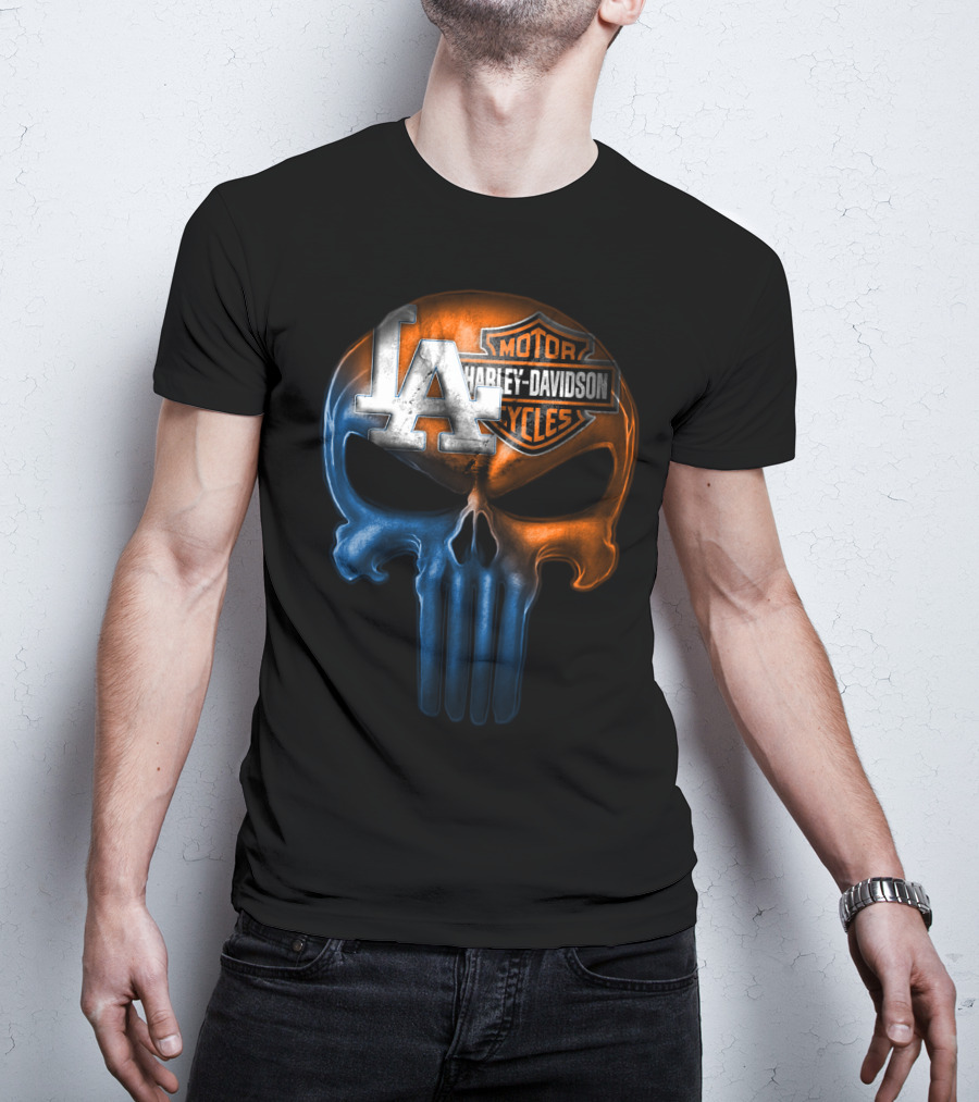 Los Angeles Dodgers Harley Davidson Biker Skull T-Shirt