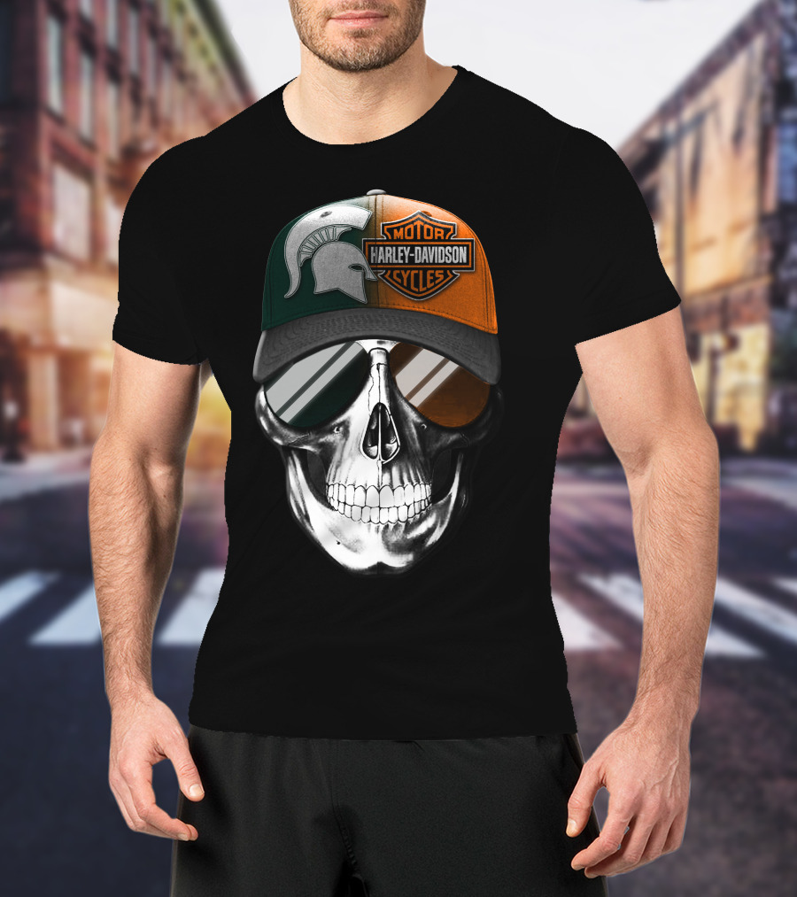 Skull With Michigan State Spartan And Harley Davidson Motorcycles Cap T-Shirt