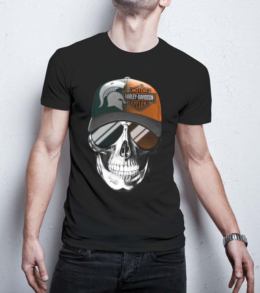 Skull With Michigan State Spartan And Harley Davidson Motorcycles Cap T-Shirt