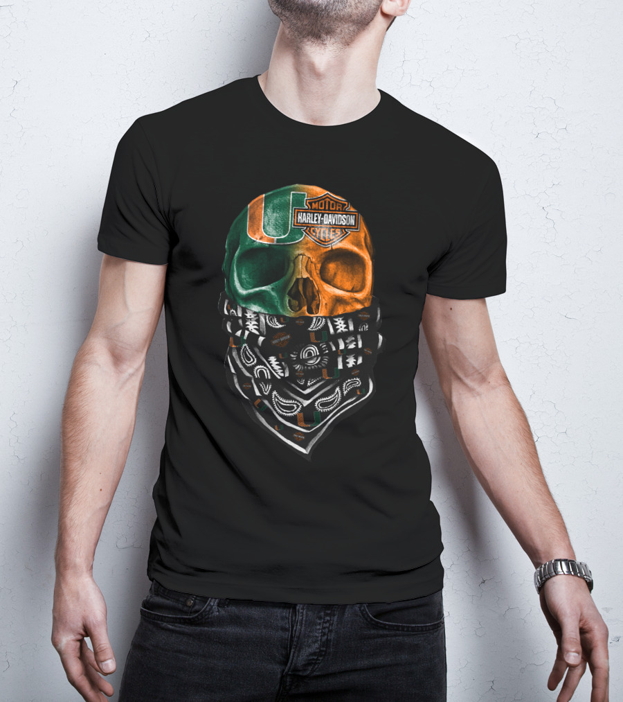 Harley Davidson Skull With Miami Hurricanes Bandana T-Shirt