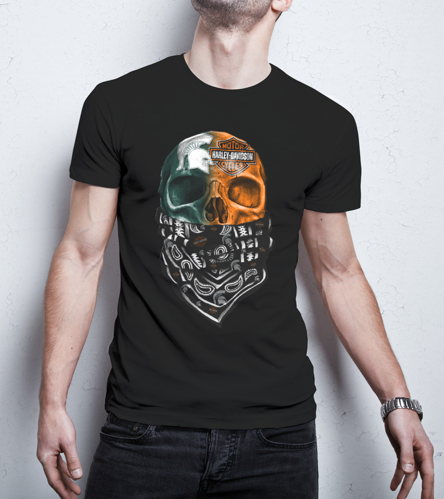 Harley Davidson Skull With Michigan State Spartans Bandana T-Shirt