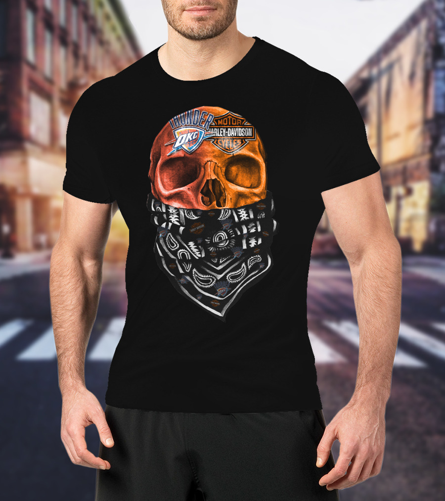 Oklahoma City Thunder Harley Davidson Skull With Bandana T-Shirt