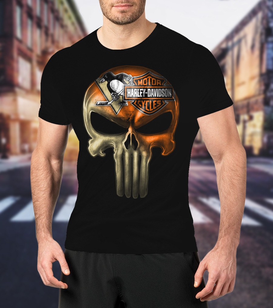 Penguins Harley Davidson Punisher Skull T-Shirt