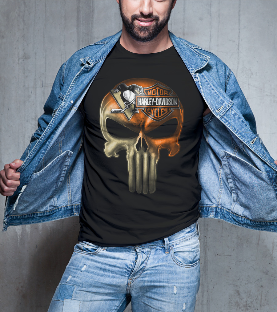 Penguins Harley Davidson Punisher Skull T-Shirt