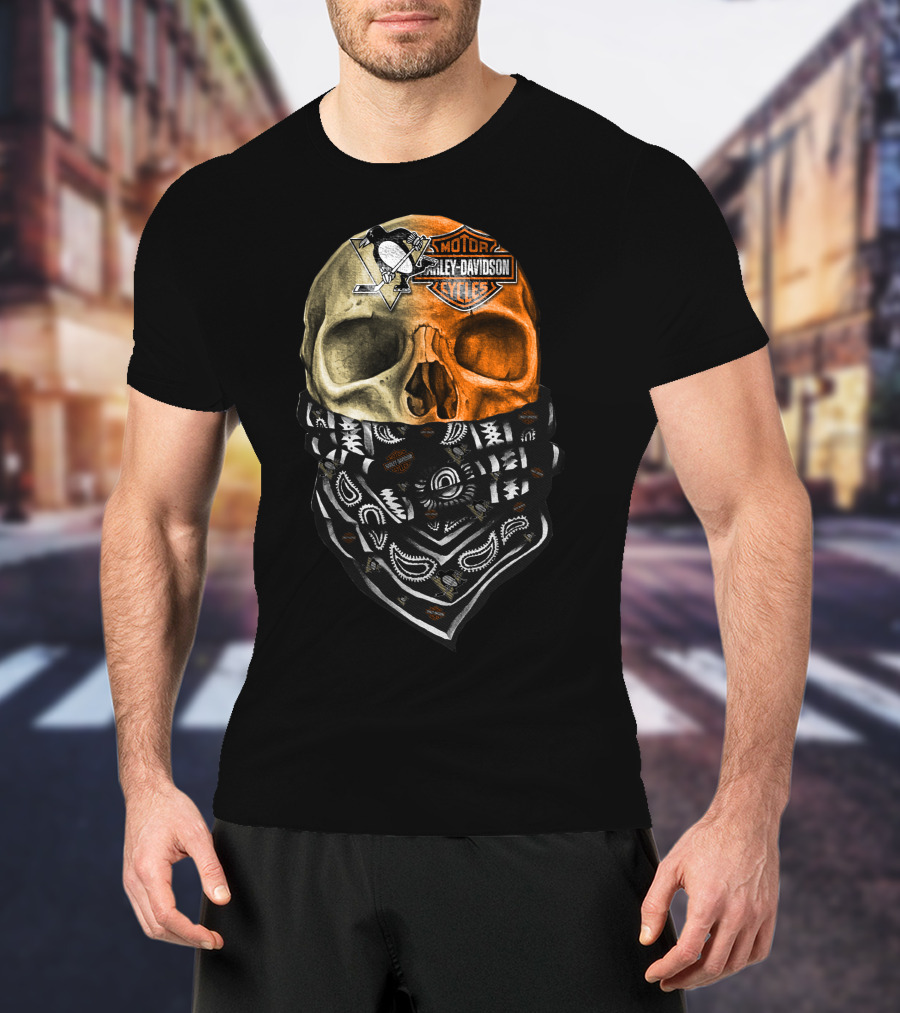 Penguins And Harley Davidson Skull Bandana T-Shirt