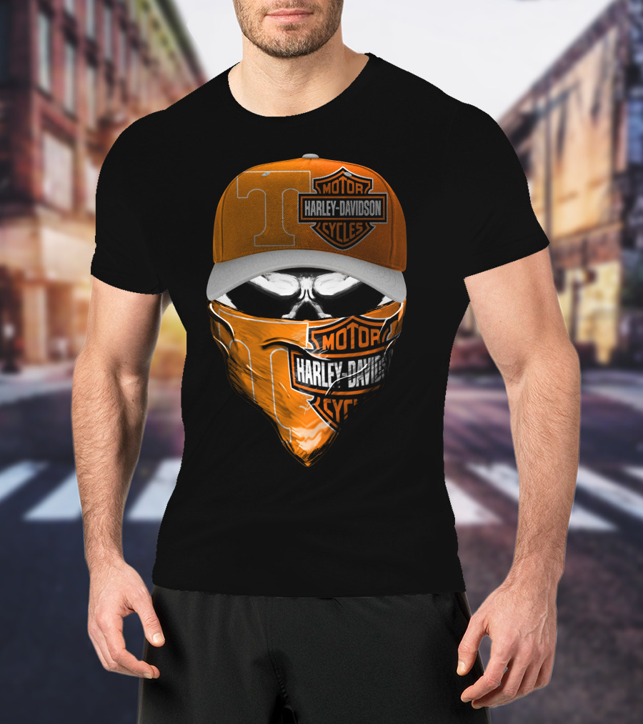 Harley Davidson Motorcycles Skull With Tennessee Volunteers Cap And Bandana T-Shirt
