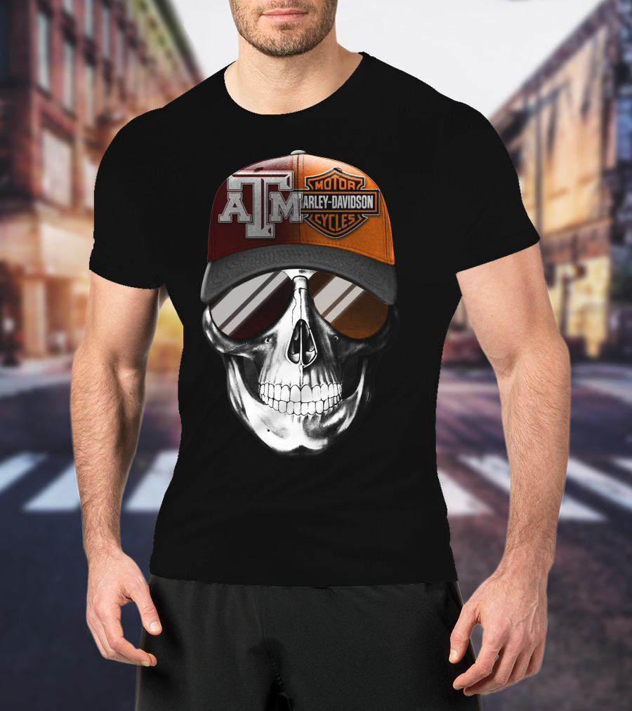 Texas A&M Harley Davidson Skull Hat With Sunglasses T-Shirt