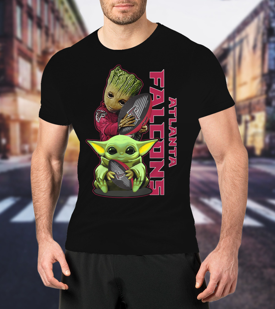 Grzd Atlanta Falcons Baby Groot Yoda Holding Football T-Shirt