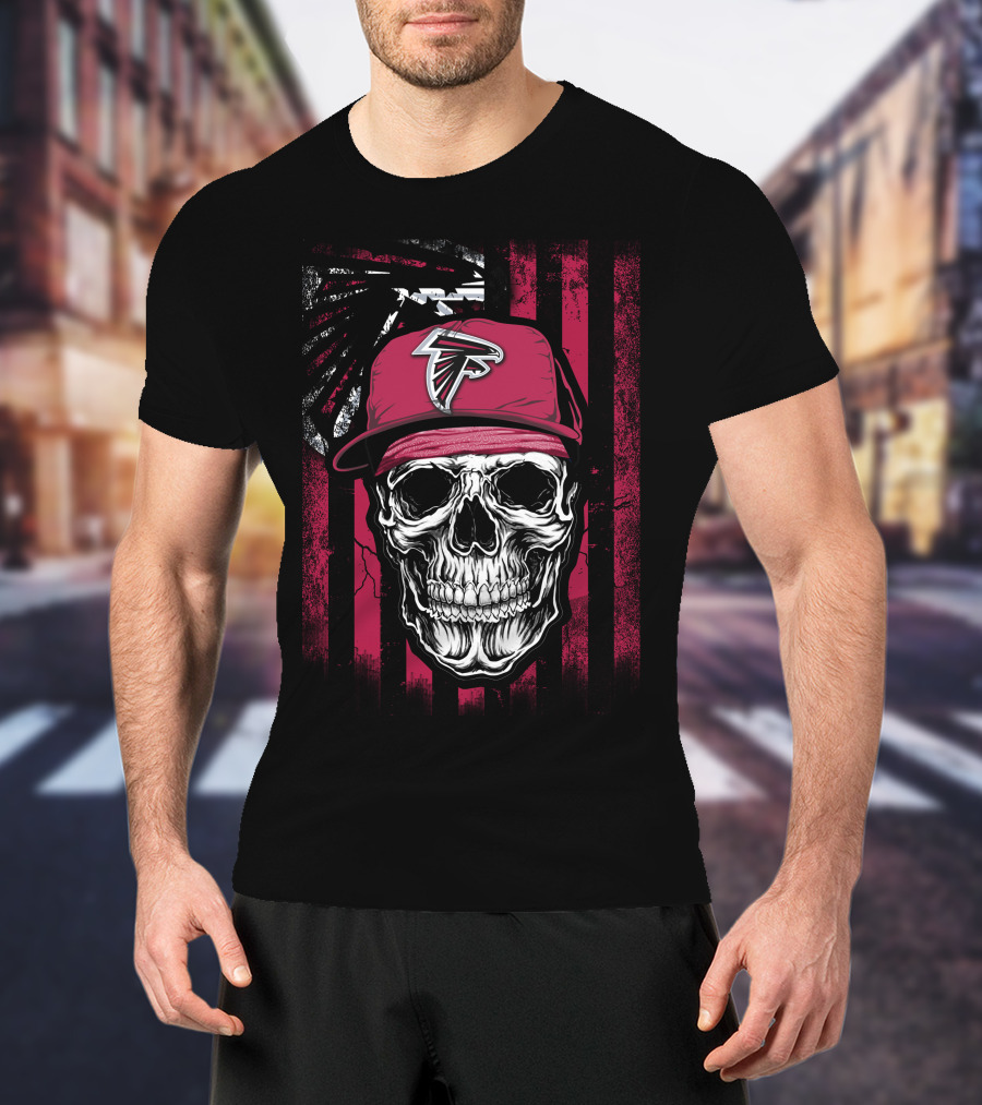 Skull Wearing Atlanta Falcons Cap With Red And Black T-Shirt