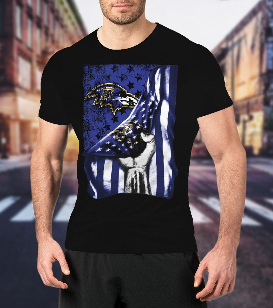Baltimore Ravens Flag Stars Fist Ravens Logo Blue White T-Shirt