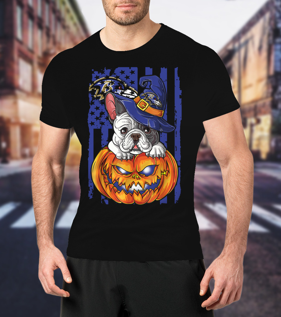 Bulldog Halloween Pumpkin Baltimore Ravens Wizard Hat T-Shirt