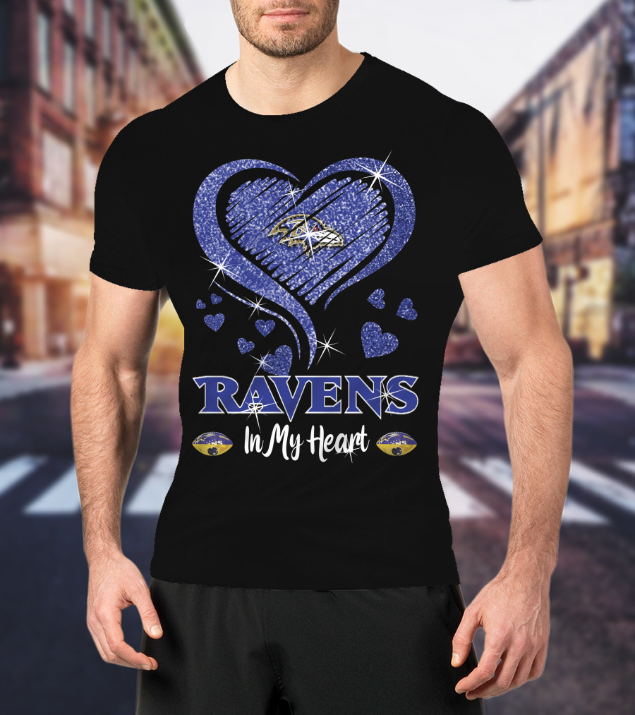 Ravens In My Heart Baltimore Ravens Heart Logo With Sparkling Effect T-Shirt