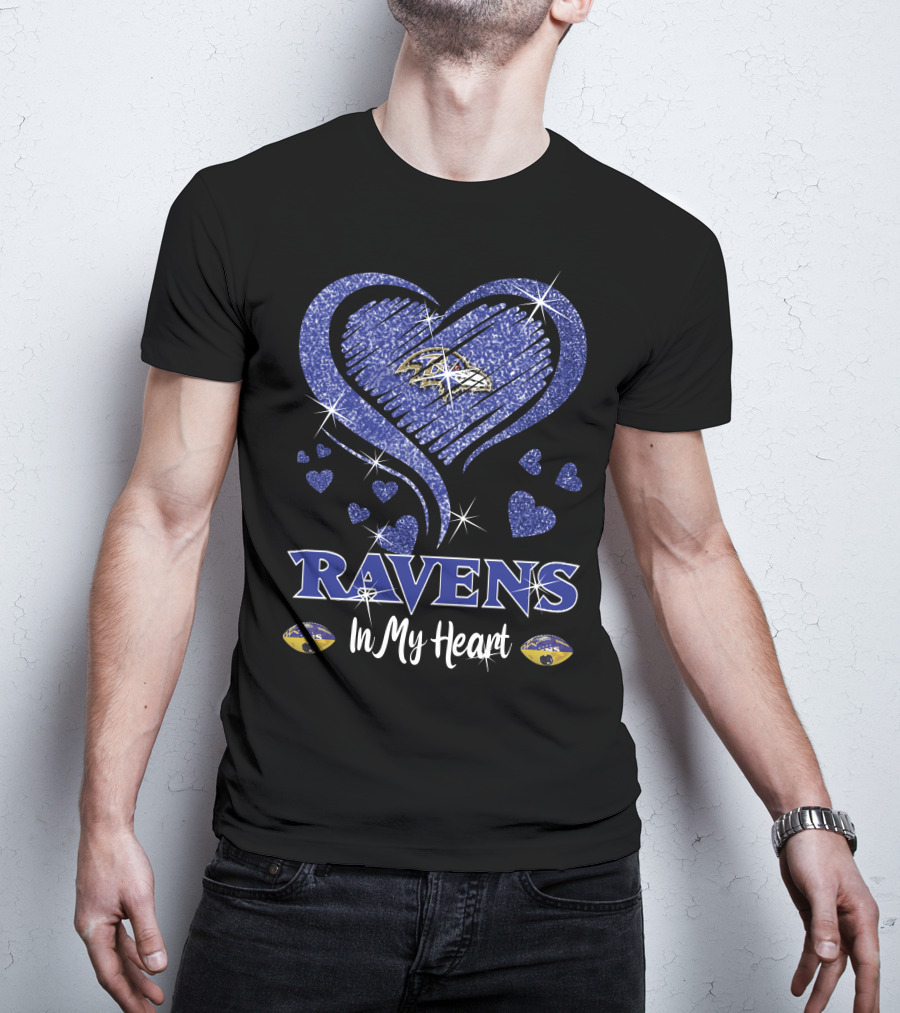 Ravens In My Heart Baltimore Ravens Heart Logo With Sparkling Effect T-Shirt