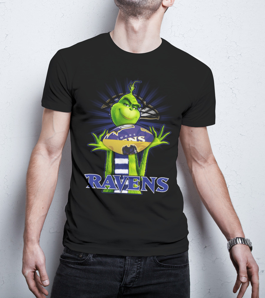Grinch Holding Baltimore Ravens Football With Ravens Text T-Shirt