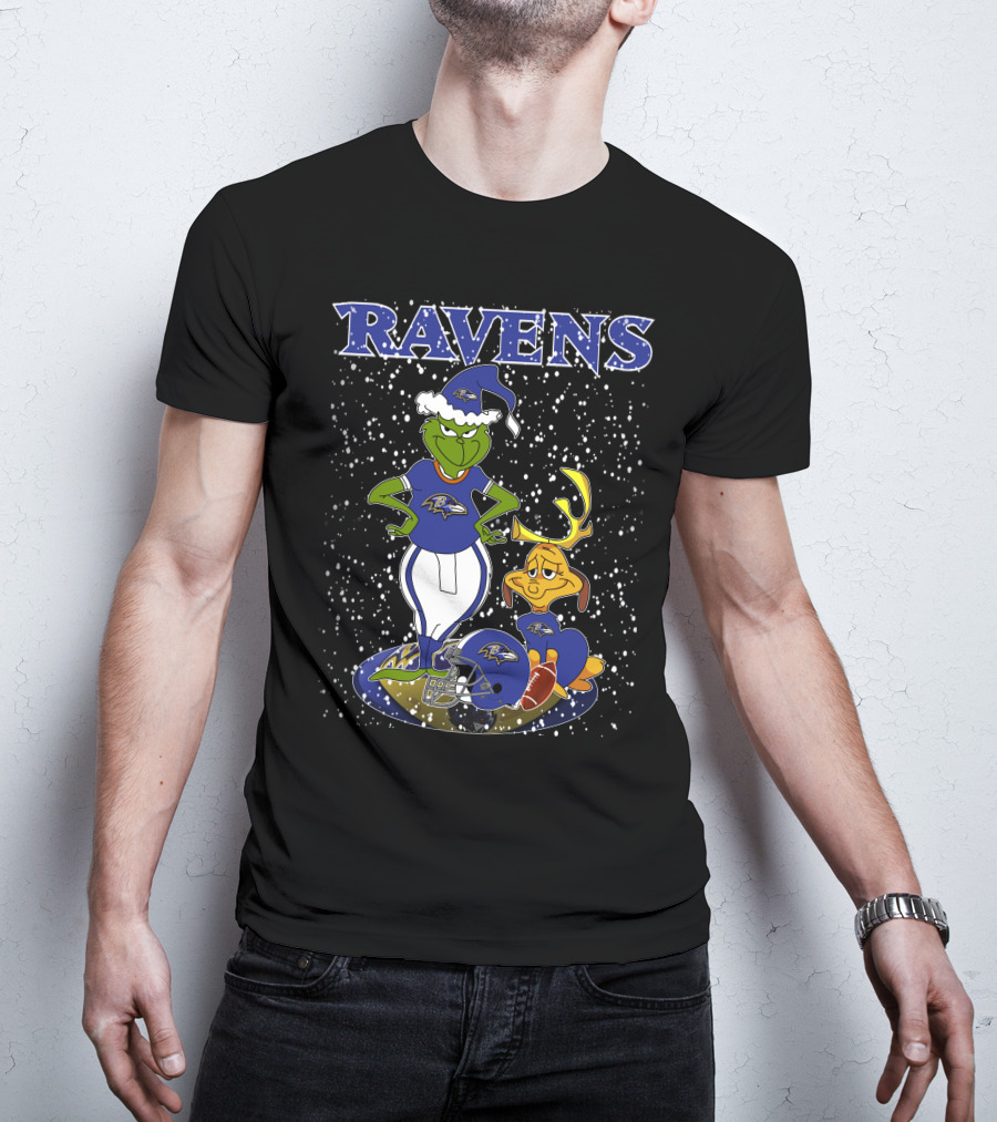 Grinchxmas Ravens Baltimore Football Holiday Scene T-Shirt