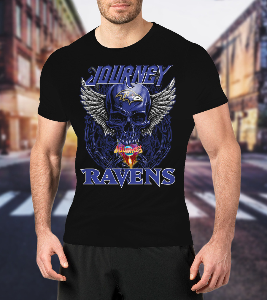Journey Baltimore Ravens Skull Wings Logo Flames T-Shirt