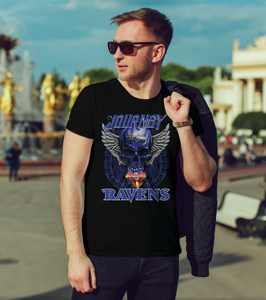 Journey Baltimore Ravens Skull Wings Logo Flames T-Shirt