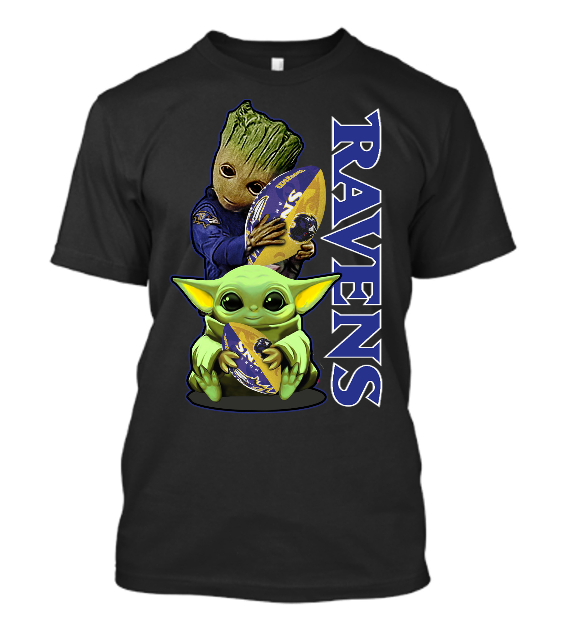 Grzd Baltimore Ravens Baby Yoda And Groot Ravens Football T-Shirt